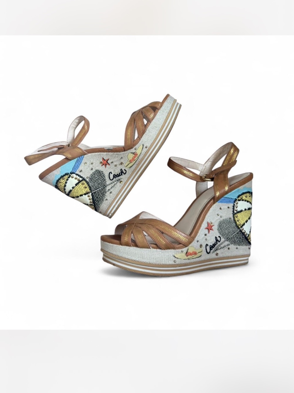 Vintage Coach Metallic Gold Leather & Embroidered Canvas Wedge Sandals